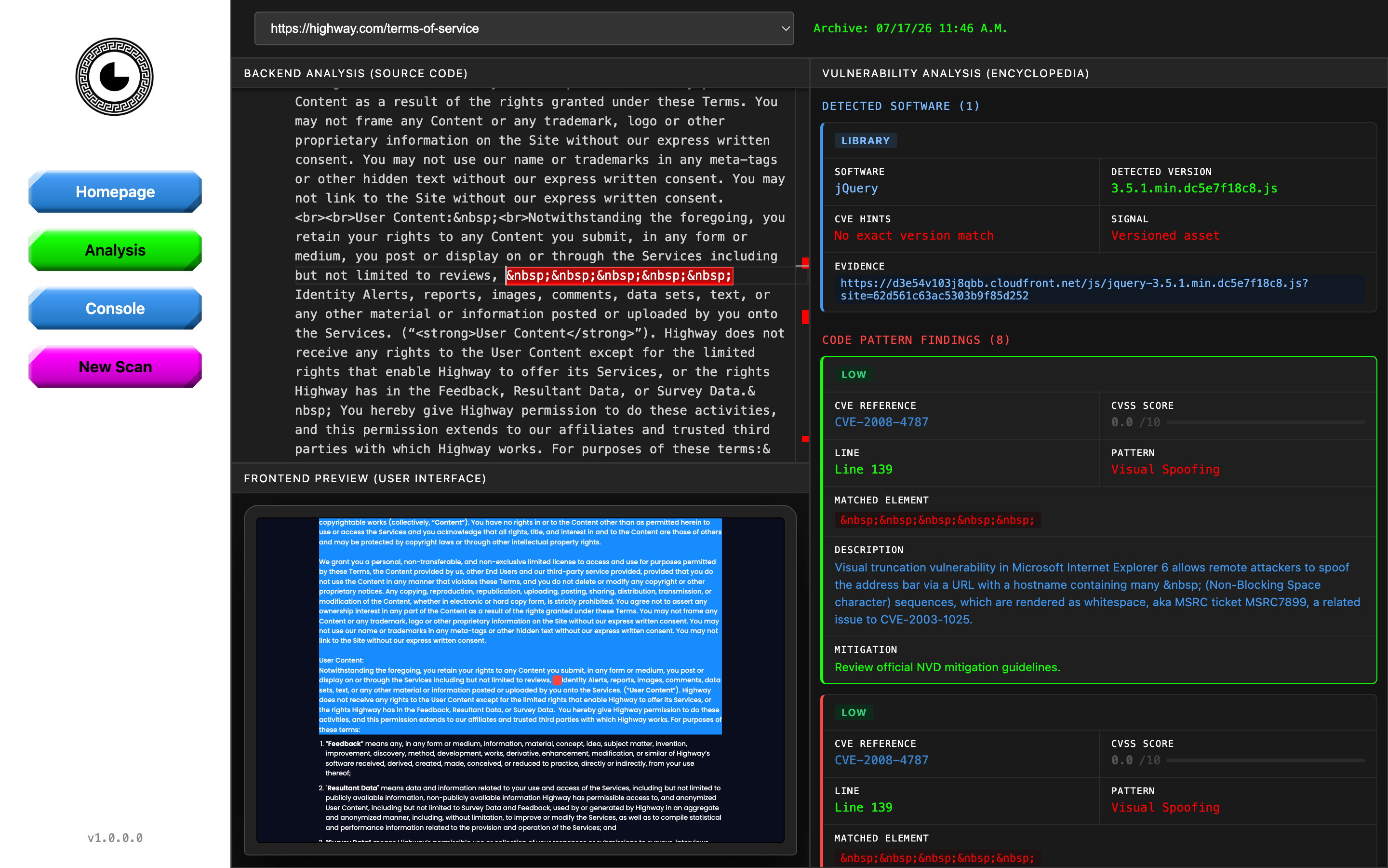 Bug detector highlighting source code, UI content, software, and code-pattern findings
