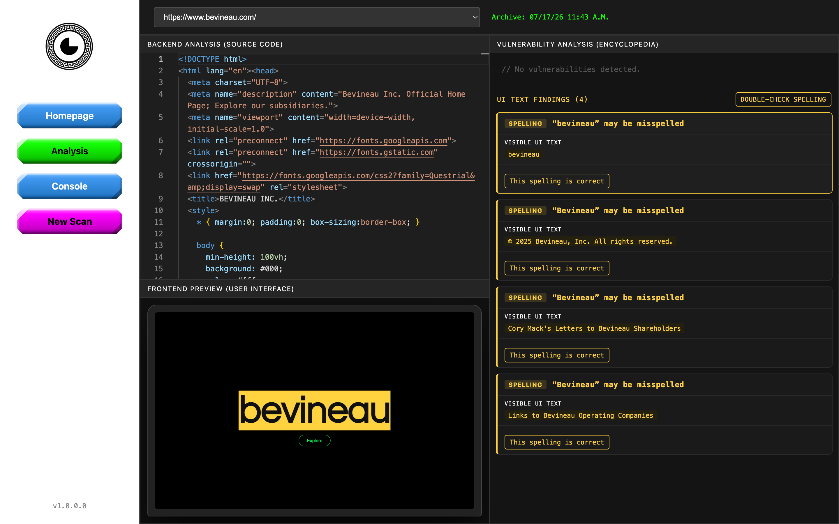 Spelling detector with source code, rendered website, and visible UI text findings