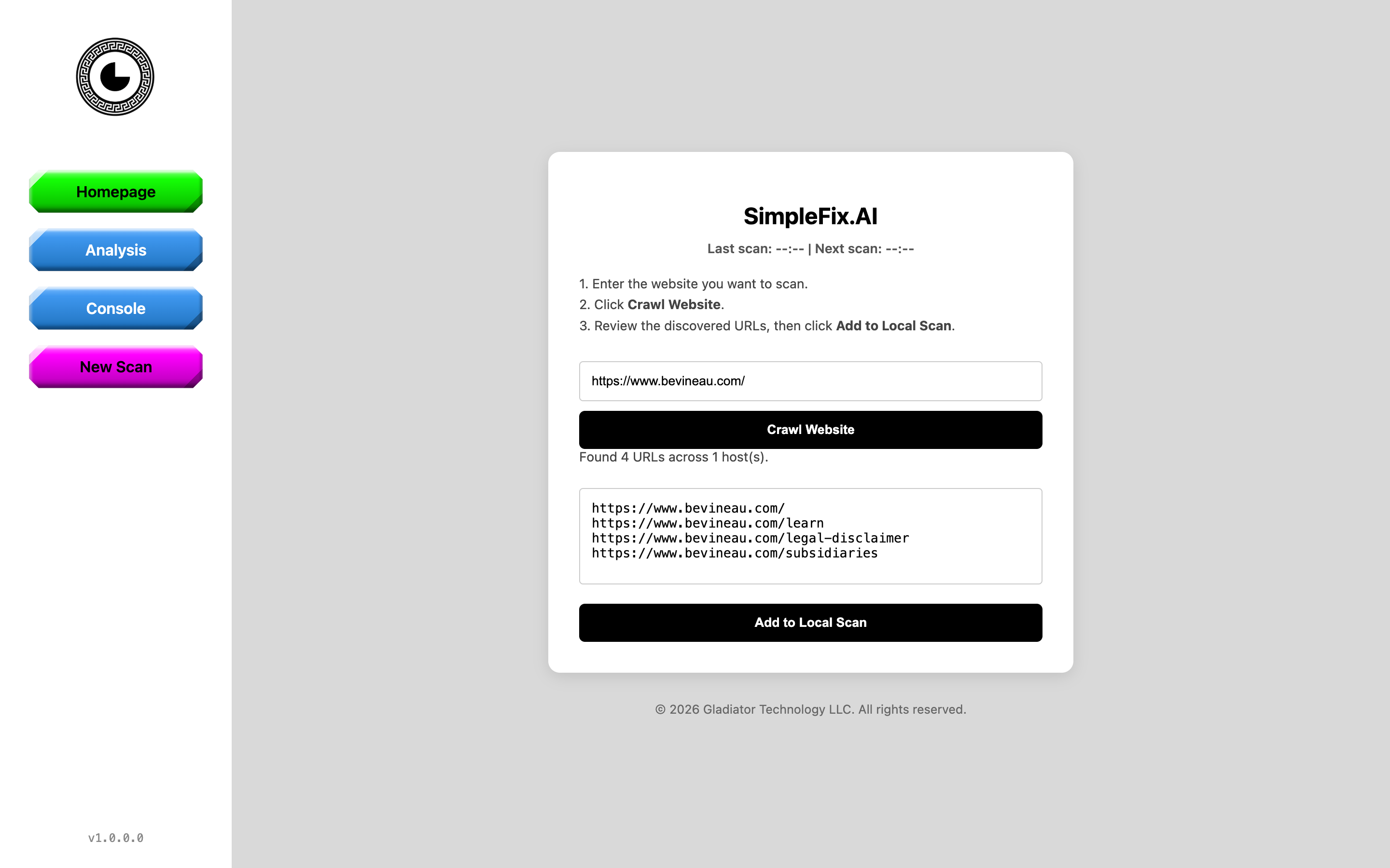SimpleFix.AI dashboard discovering four URLs before adding them to a local scan